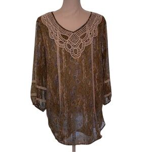 KRAZY KAT Boho Cottagecore Inspired Blouse Crochet Details in Olive Green SZ XL